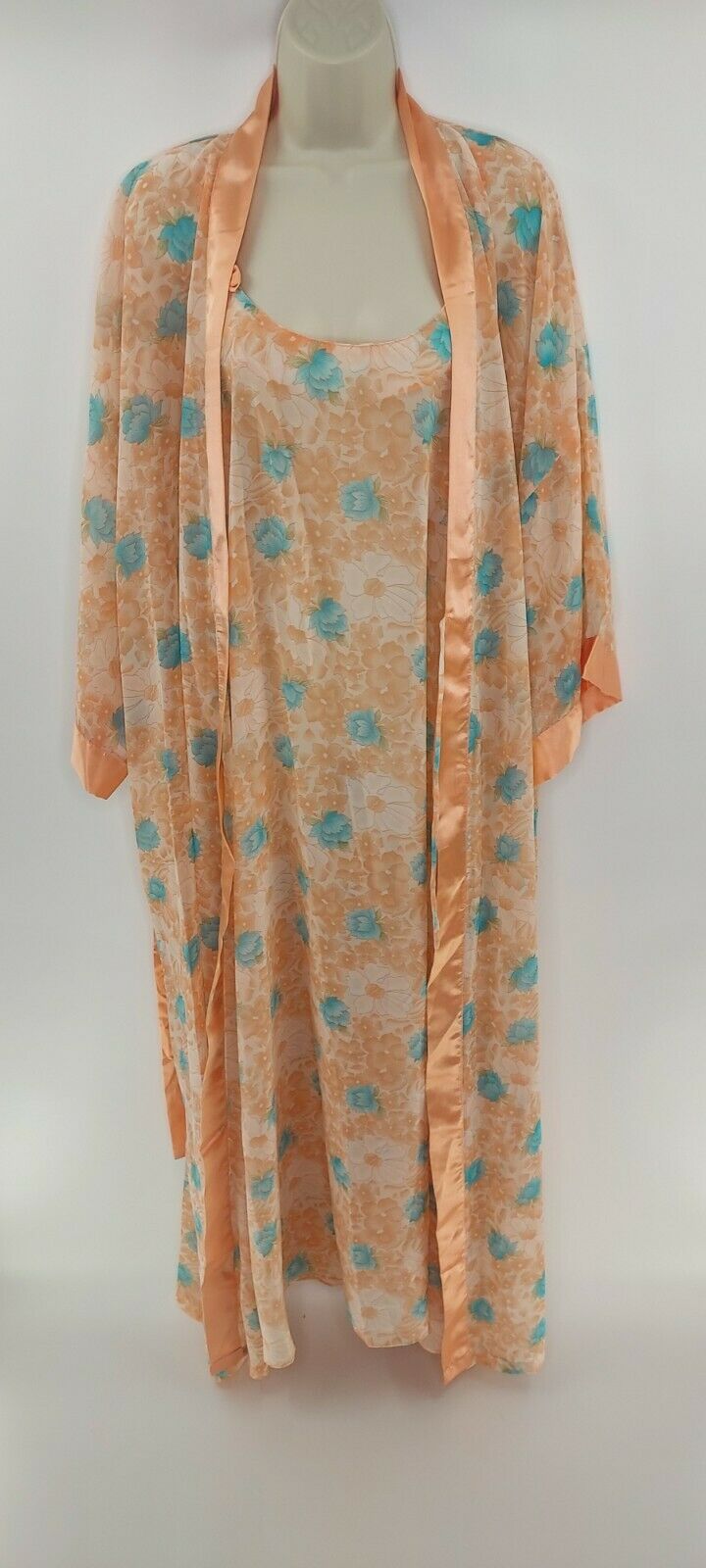 Vintage Contessa Di Roma Orange Blue Floral Sheer Nightgown Robe Lingerie Set 2x