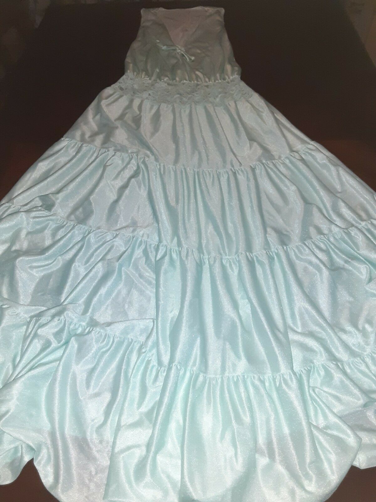 Vintage 1960s Nylon Turquoise Full Length Night Gown Unknown Brand And Size