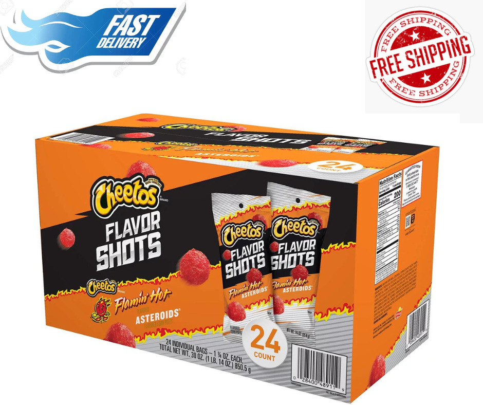 Cheetos Flavor Shots Flamin’ Hot Asteroids Flavored Corn Puffs {24 Pk.}.