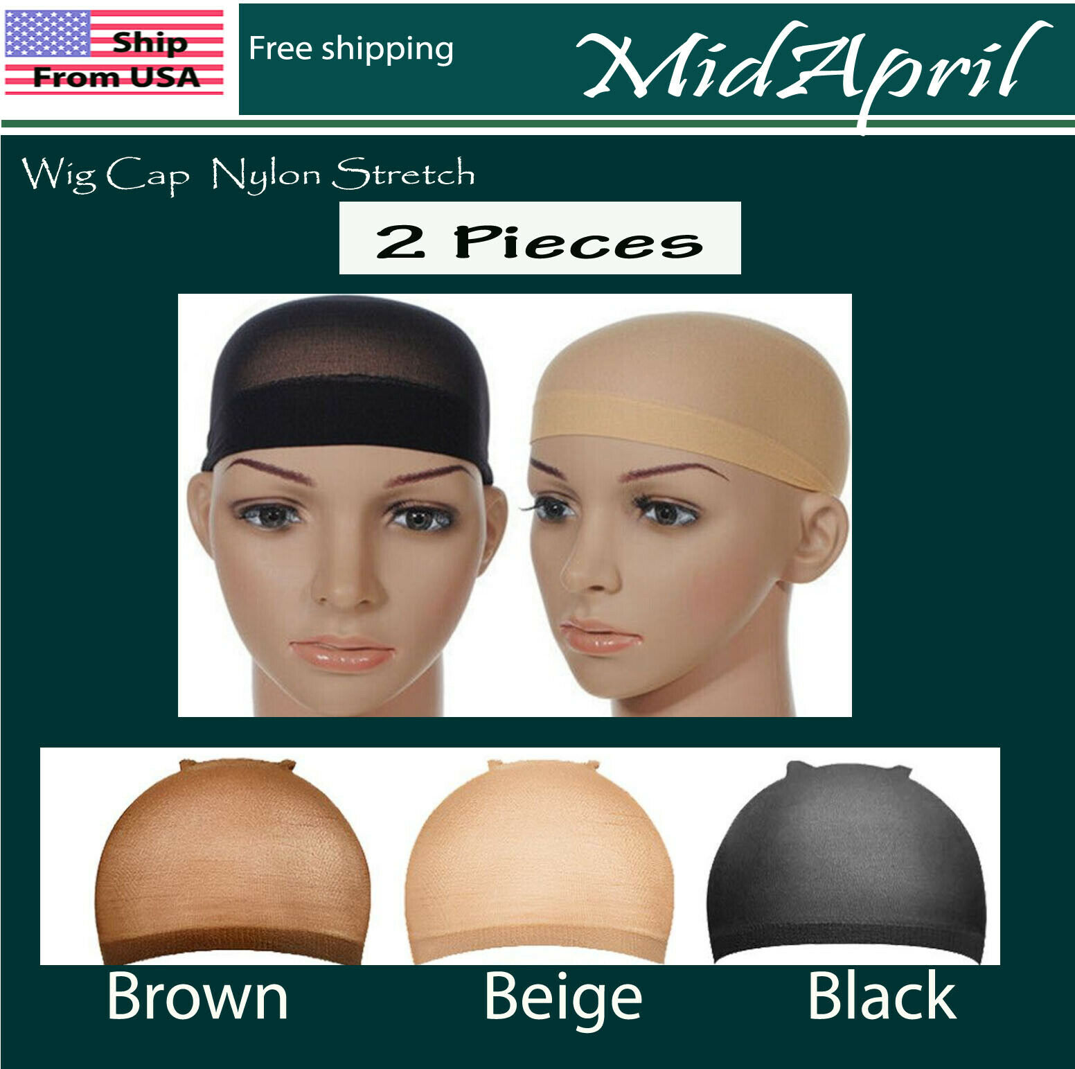 2 Pcs Wig Cap Liner  Stocking Cap  Nylon Stretch Black Brown Beige