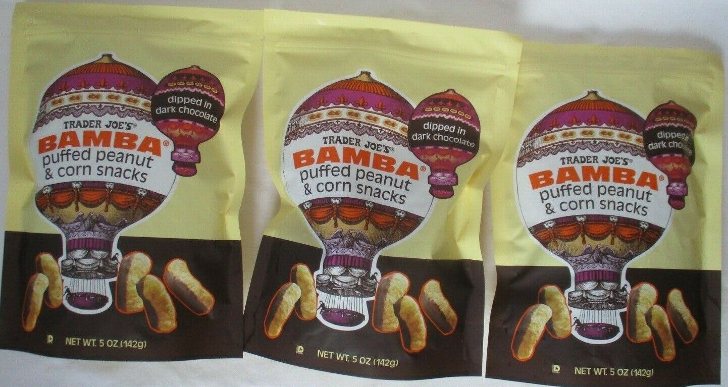 3 Trader Joe's Bamba Puffed Peanut & Corn Dipped In Dark Chocolate 5-0z Bags